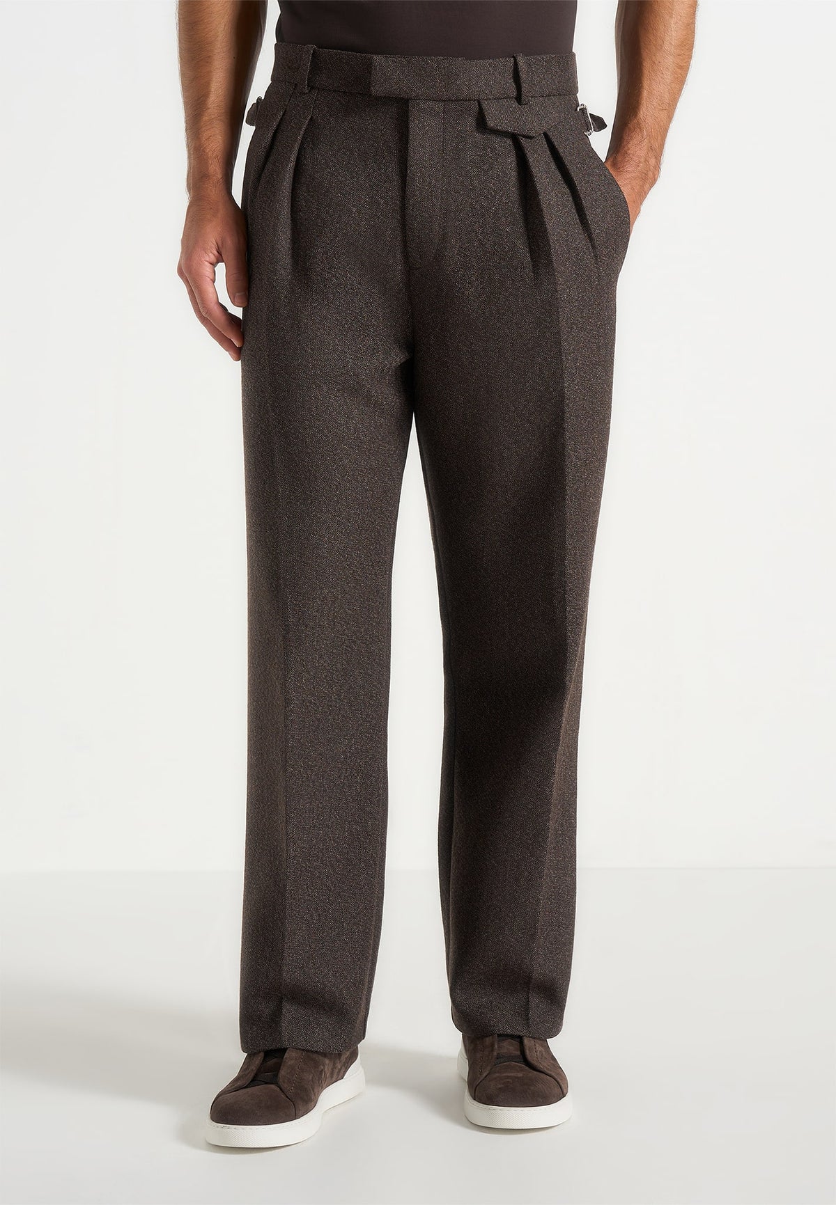 Pierre - Twin Pleat Melange Tailored Trousers - Brown