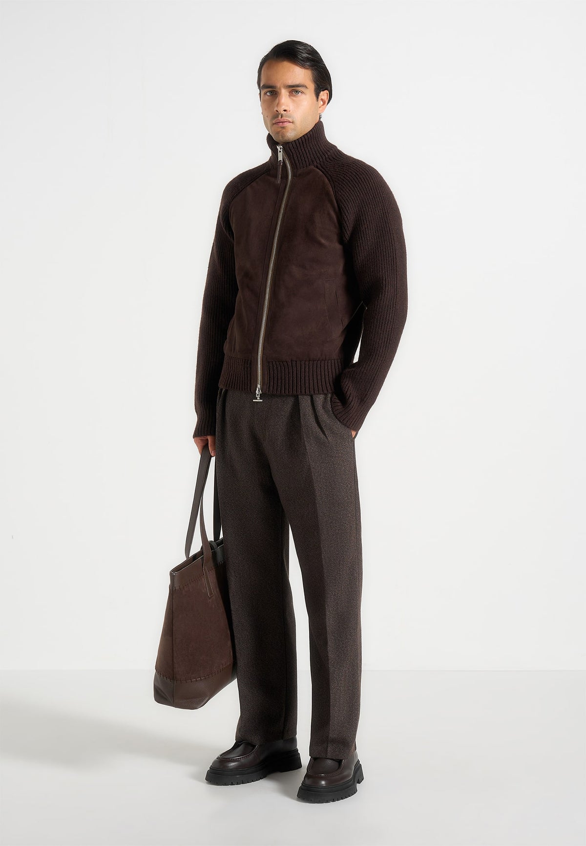 Pierre - Twin Pleat Melange Tailored Trousers - Brown
