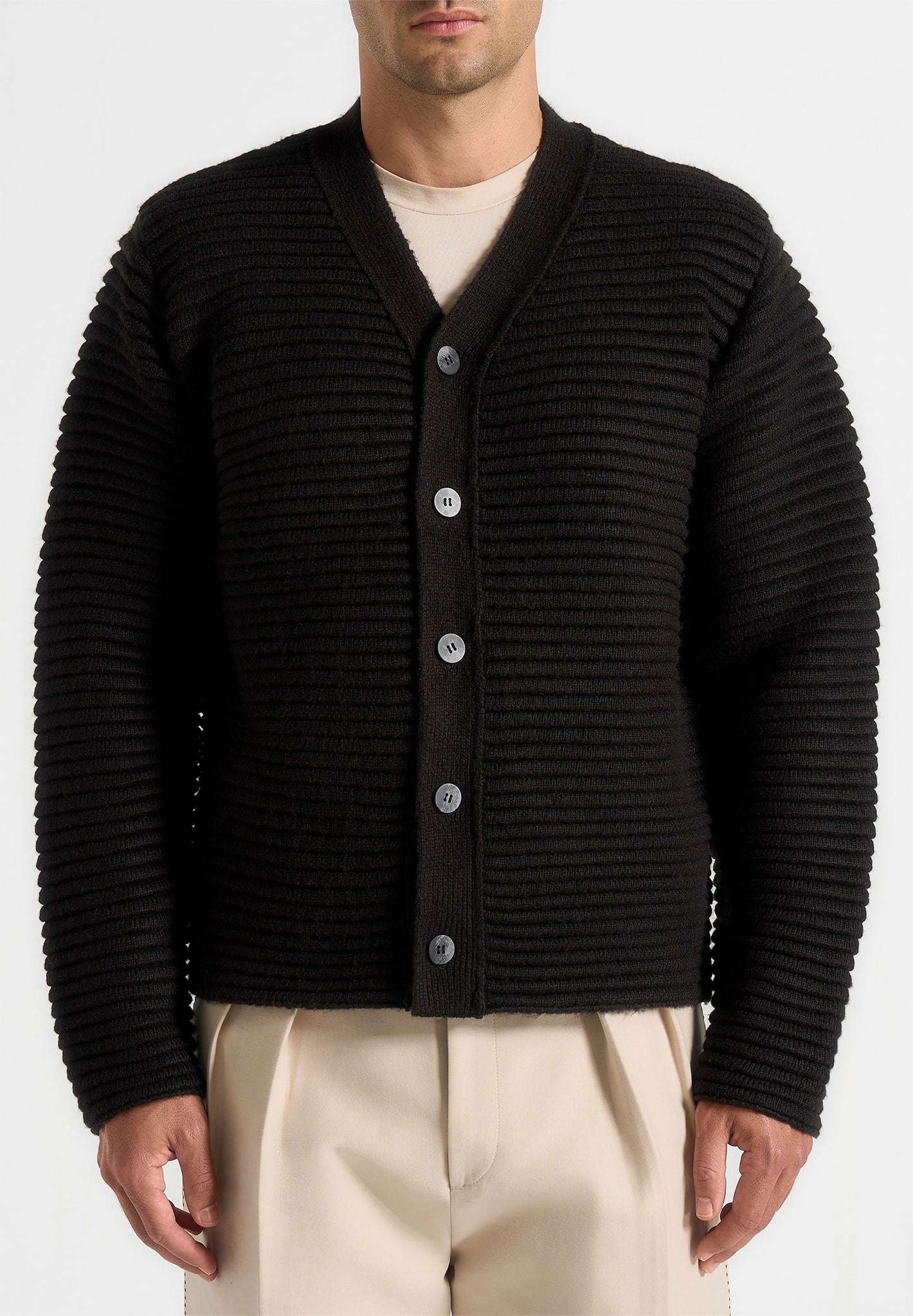 Anton - Ribbed Knit Cardigan - Black