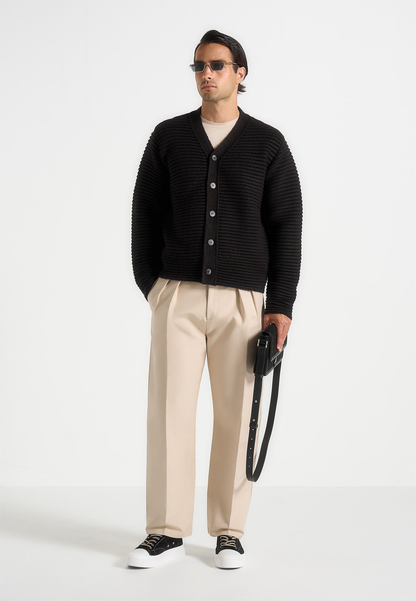 Anton - Ribbed Knit Cardigan - Black 