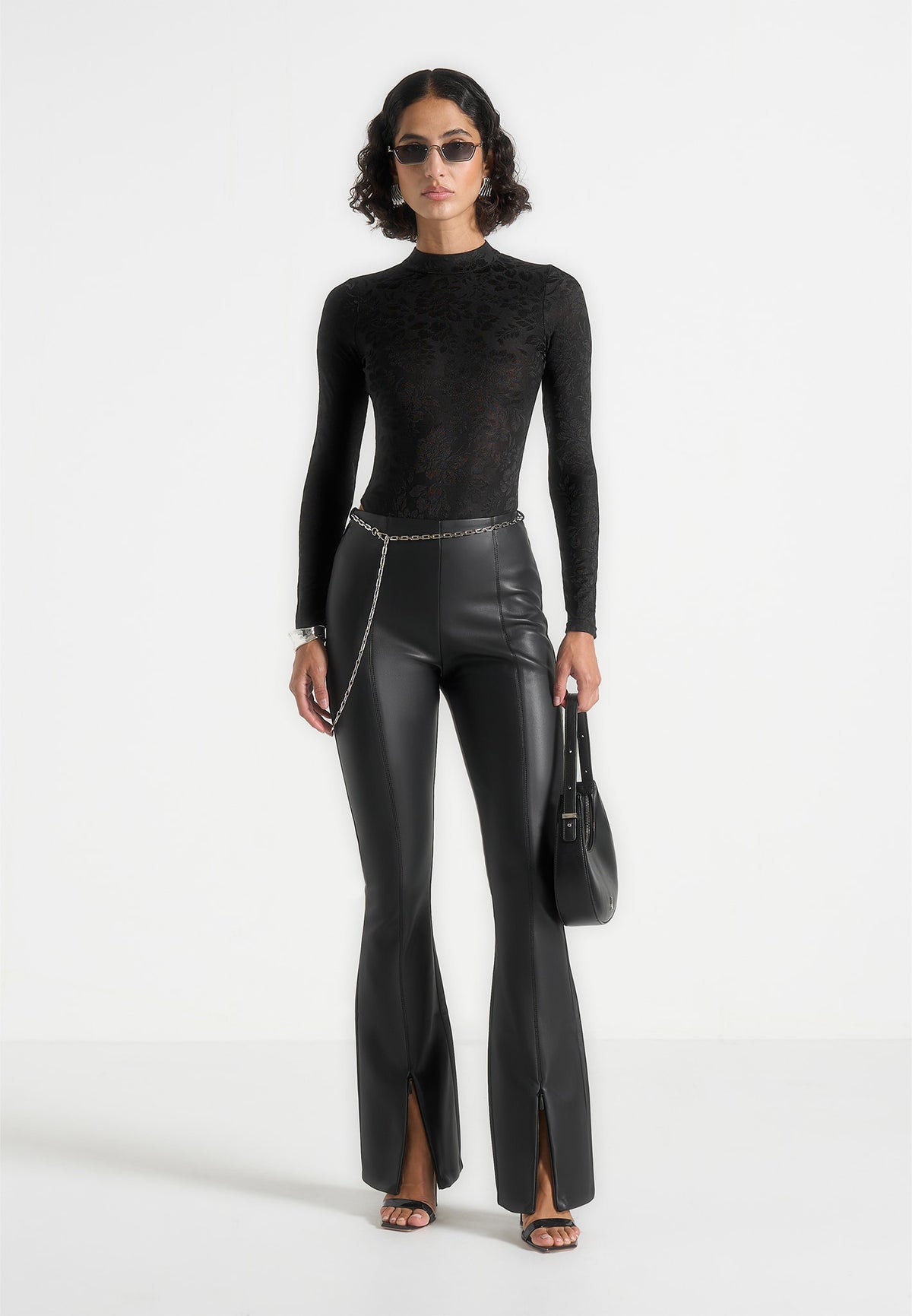 Ninon - Leather Fit And Flare Trousers With Chain - Black