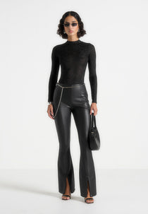 Ninon - Leather Fit And Flare Trousers With Chain - Black