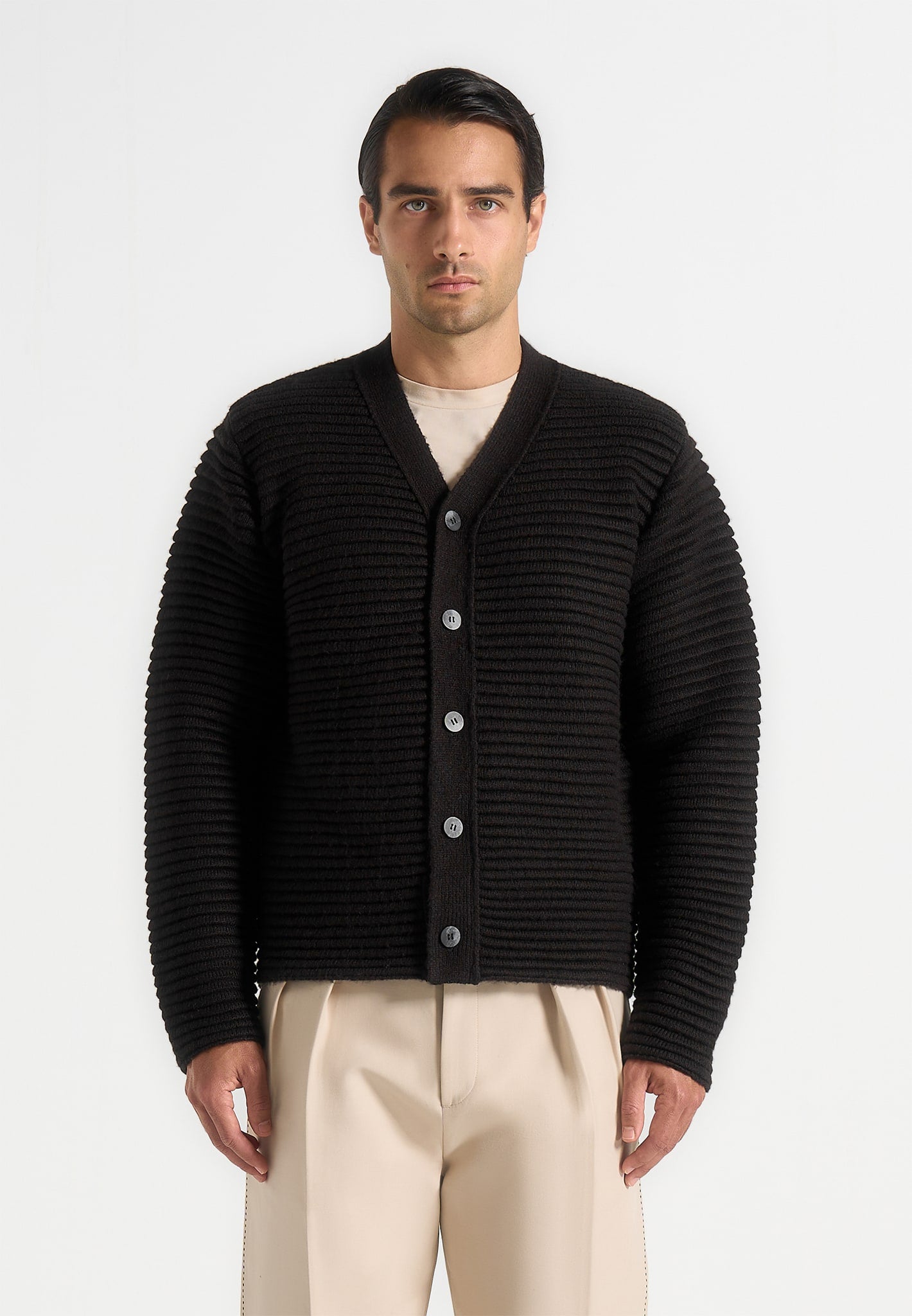 Anton - Ribbed Knit Cardigan - Black 