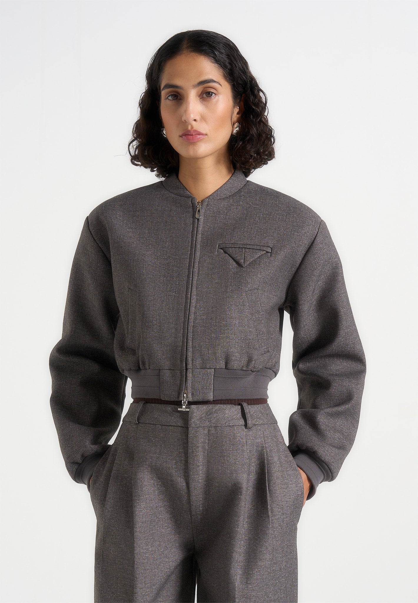 Monique - Tailored Wide Shoulder Bomber Jacket - Grey Speckle