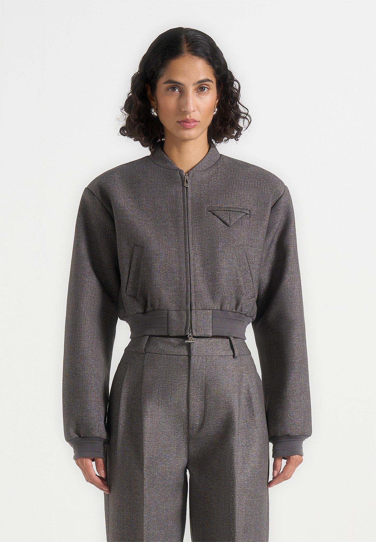 Monique - Tailored Wide Shoulder Bomber Jacket - Grey Speckle
