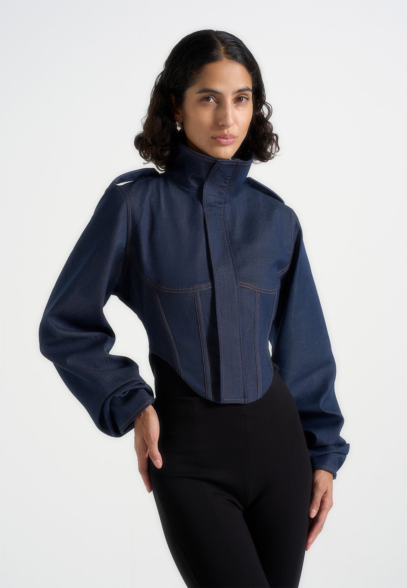 Solange - Denim Tacked Sleeve Corset Jacket - Indigo 