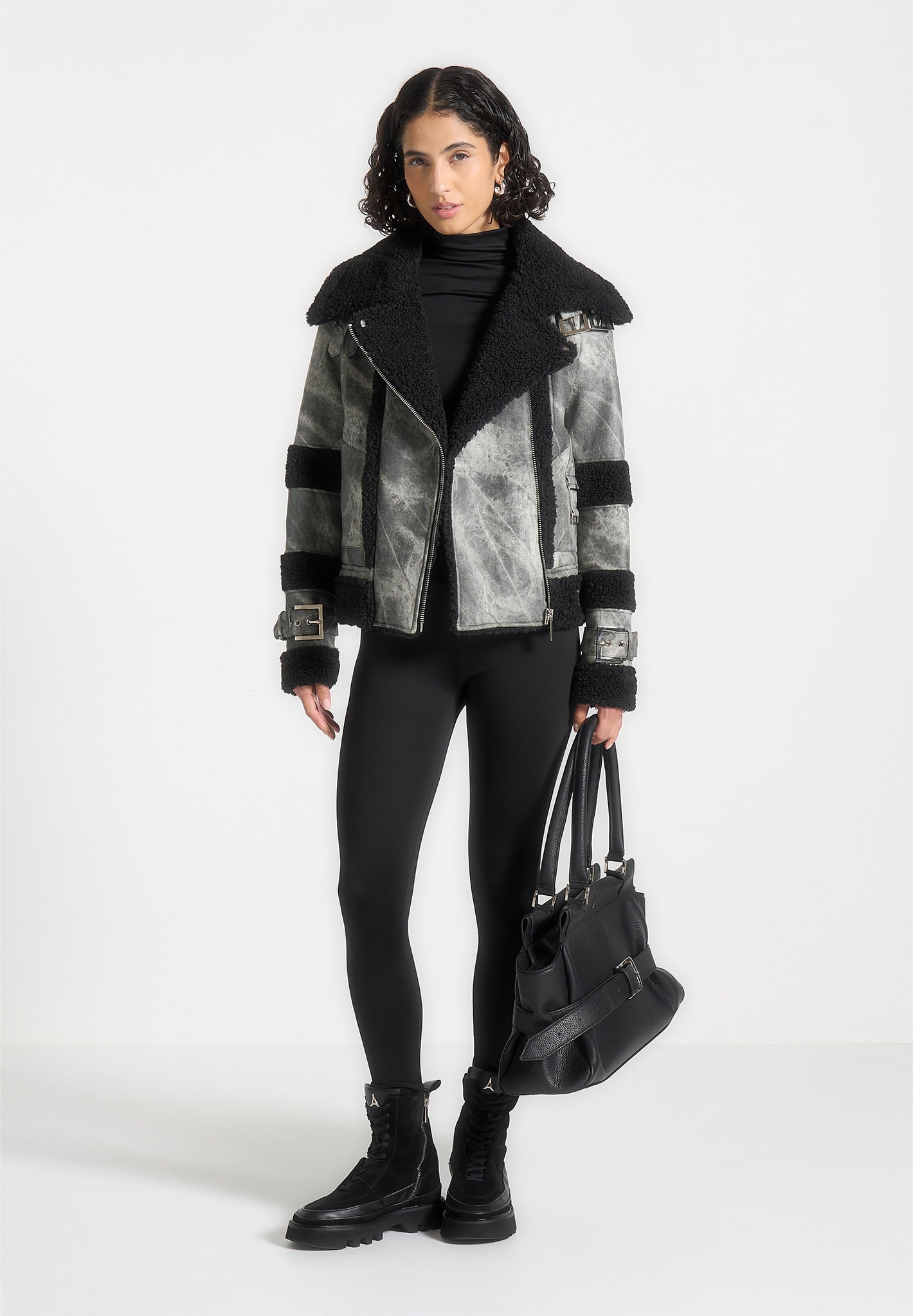 Marbled Leather Borg Biker Jacket - Black