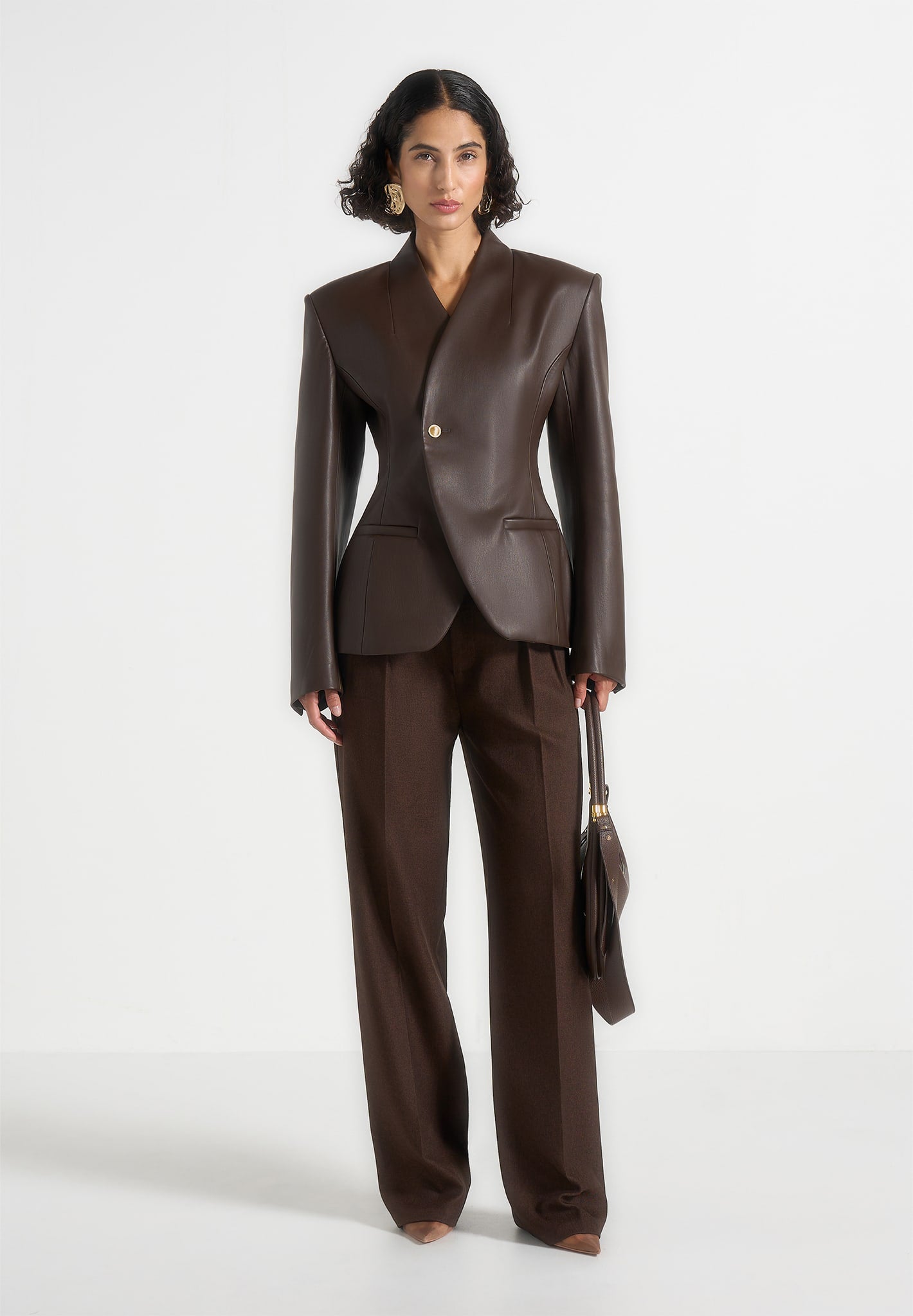 Ina - Leather Cinched Waist Kimono Blazer - Brown 