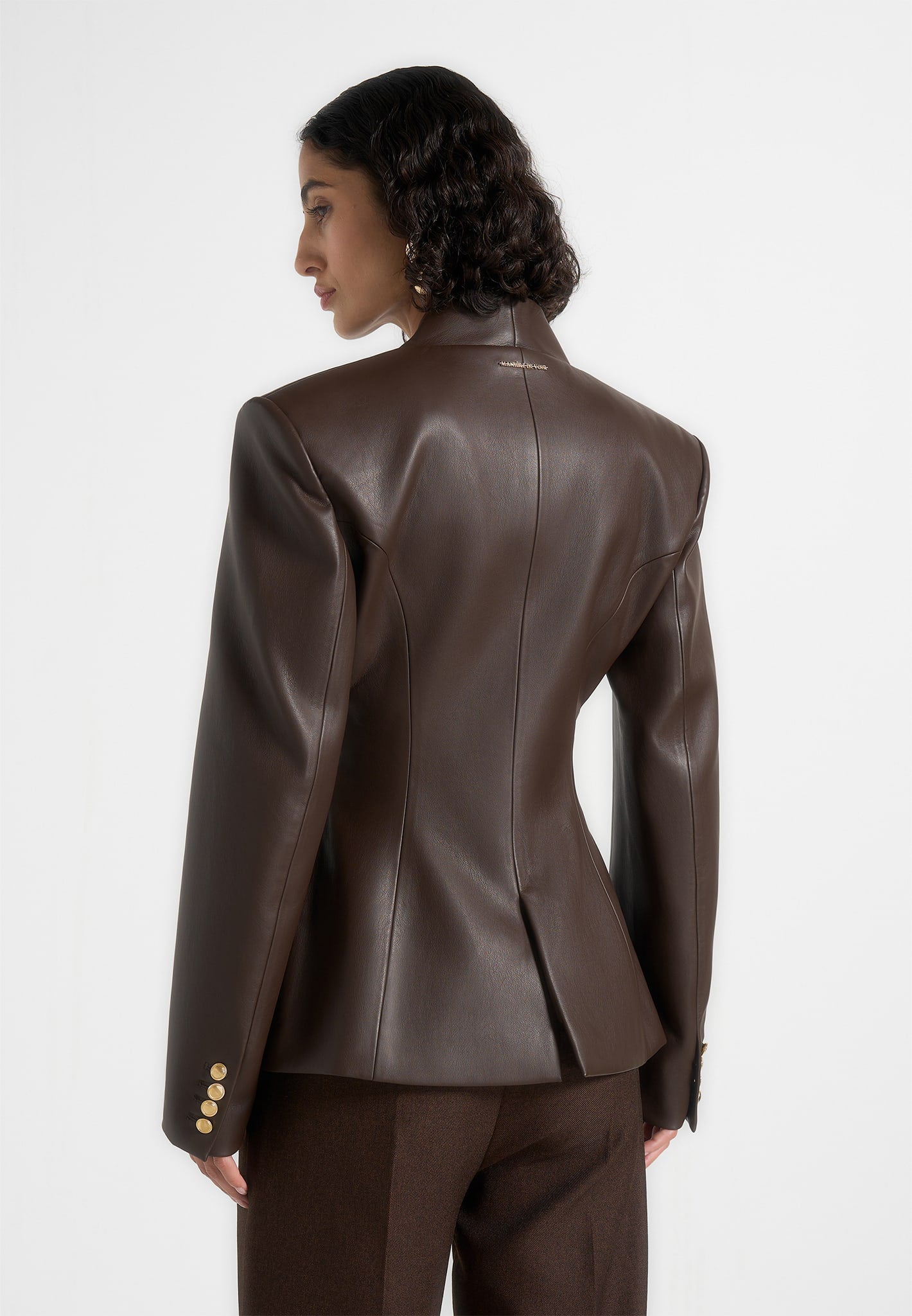 Ina - Leather Cinched Waist Kimono Blazer - Brown