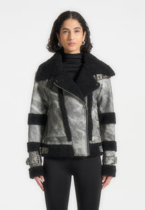 Marbled Leather Borg Biker Jacket - Black