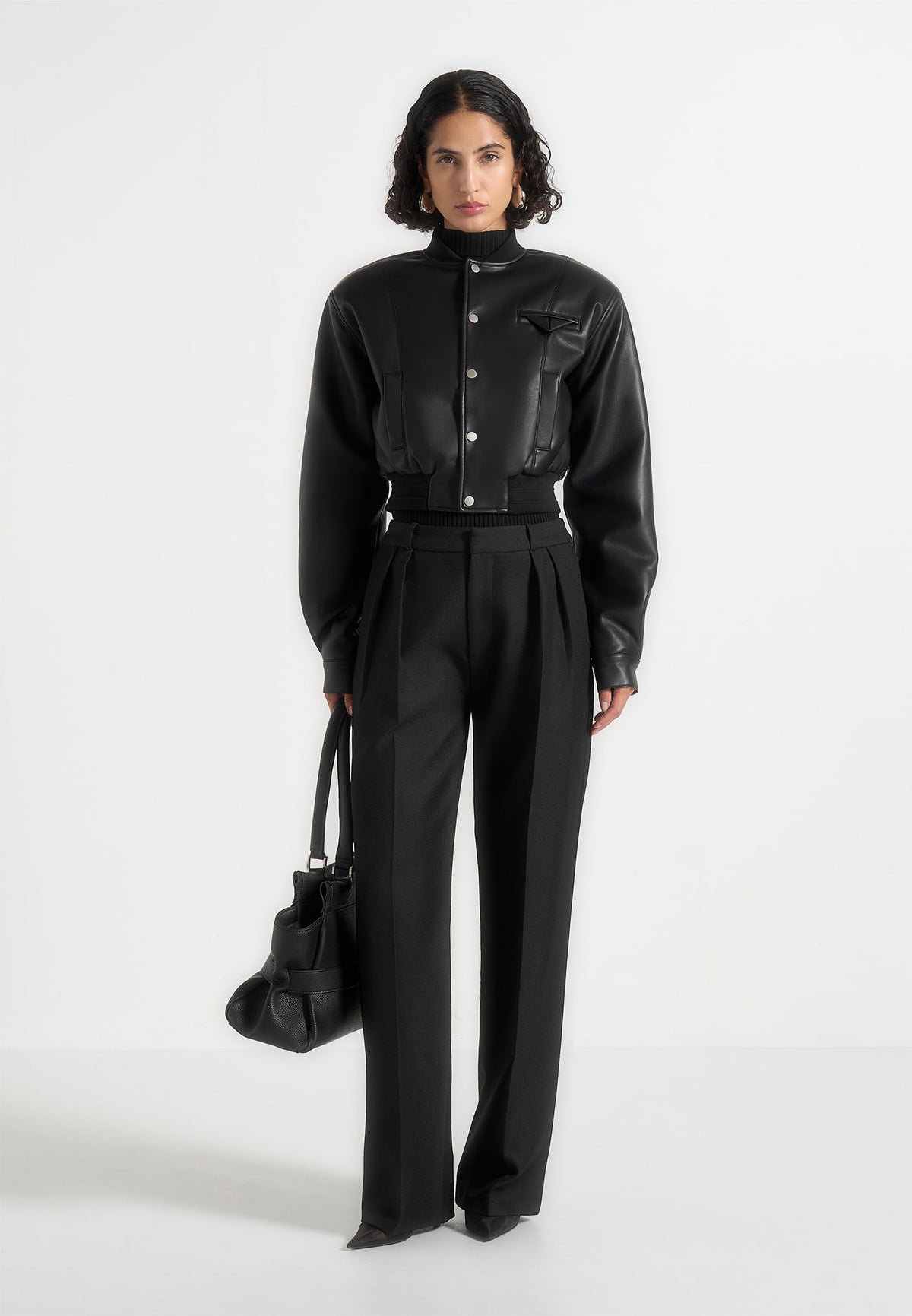 Zina - Leather Wide Shoulder Bomber Jacket - Black
