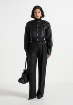 Zina - Leather Wide Shoulder Bomber Jacket - Black
