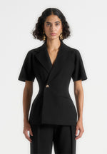 Malika - Double Breasted Short Sleeve Blazer - Black