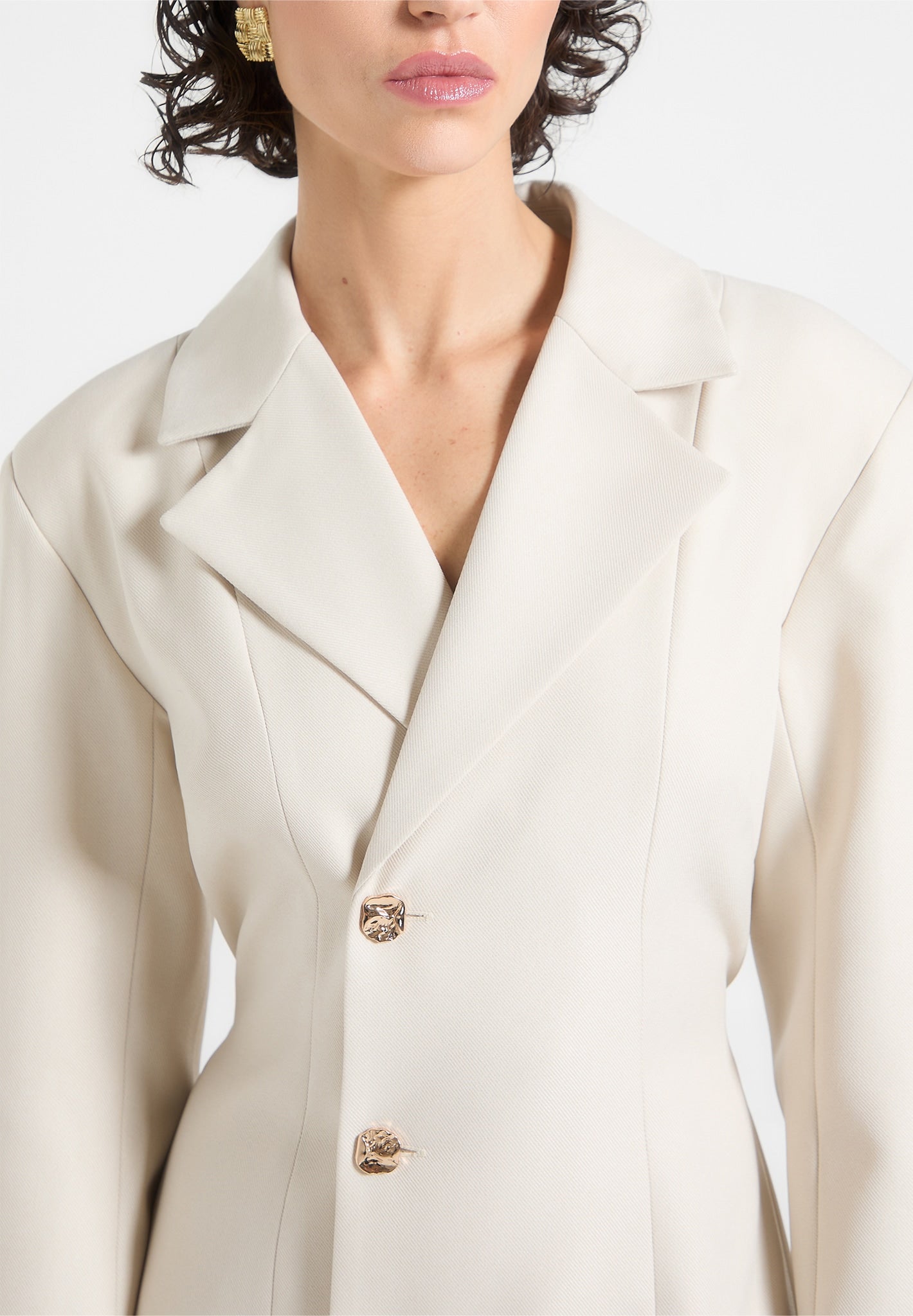 Nicole - Tailored Cinch Blazer Dress with Pleats - Cream/Beige | Manire De Voir Nicole - Tailored Cinch Blazer Dress with Pleats - Cream/Beige | Manire De Voir