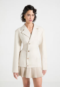 Nicole - Tailored Cinch Blazer Dress with Pleats - Cream/Beige