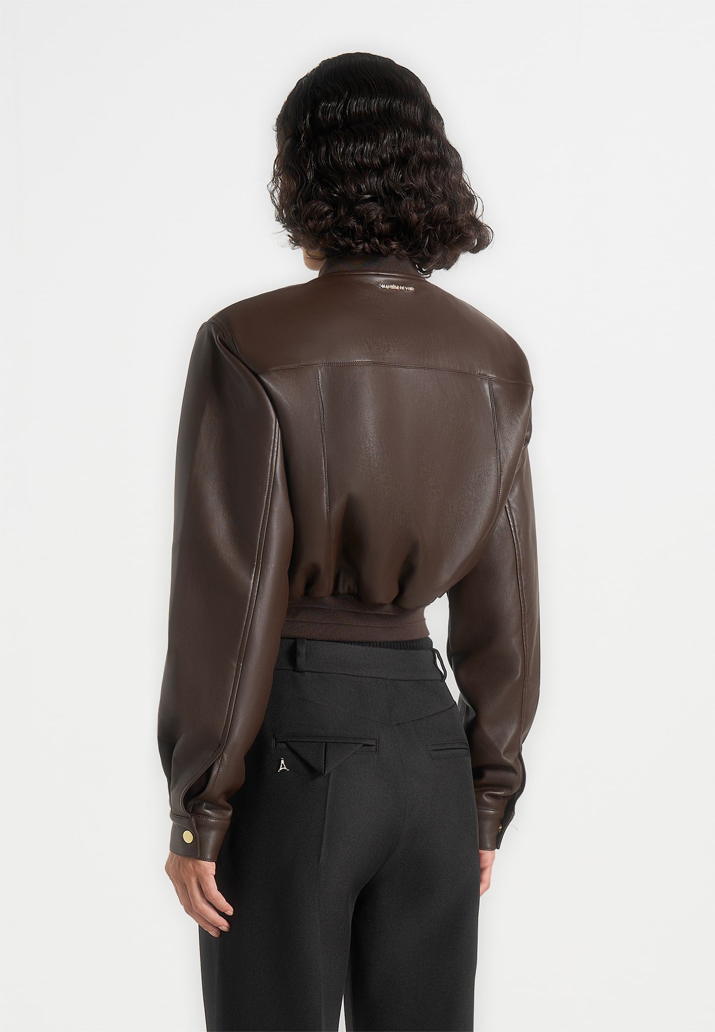 Zina - Leather Wide Shoulder Bomber Jacket - Brown