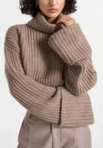 Amaya - Roll Neck Knit Jumper With Cuffs - Taupe