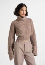 Amaya - Roll Neck Knit Jumper With Cuffs - Taupe