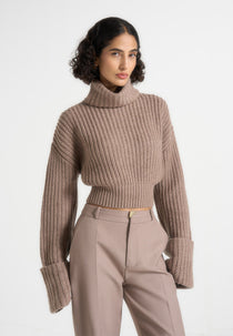 Amaya - Roll Neck Knit Jumper With Cuffs - Taupe