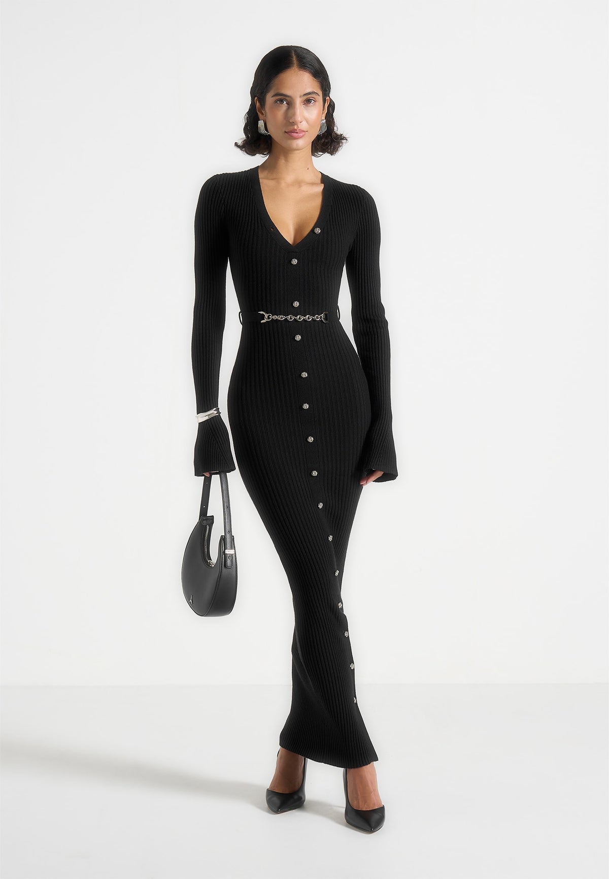 Assia - Long Sleeve Knitted Maxi Dress With Belt - Black