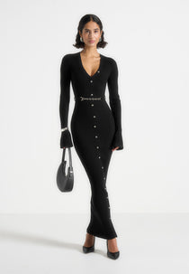 Assia - Long Sleeve Knitted Midaxi Dress With Belt - Black