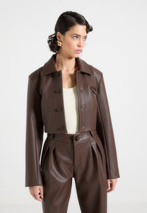 Ania - Wide Shoulder Pebbled Leather Jacket - Brown