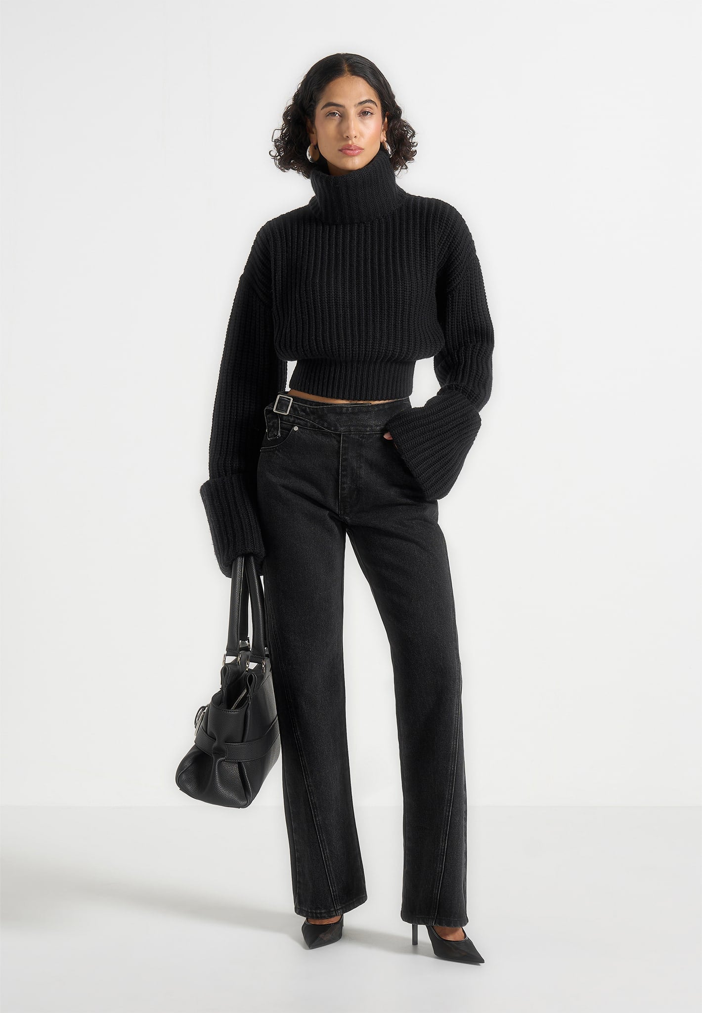 Amaya - Roll Neck Knit Jumper With Cuffs - Black