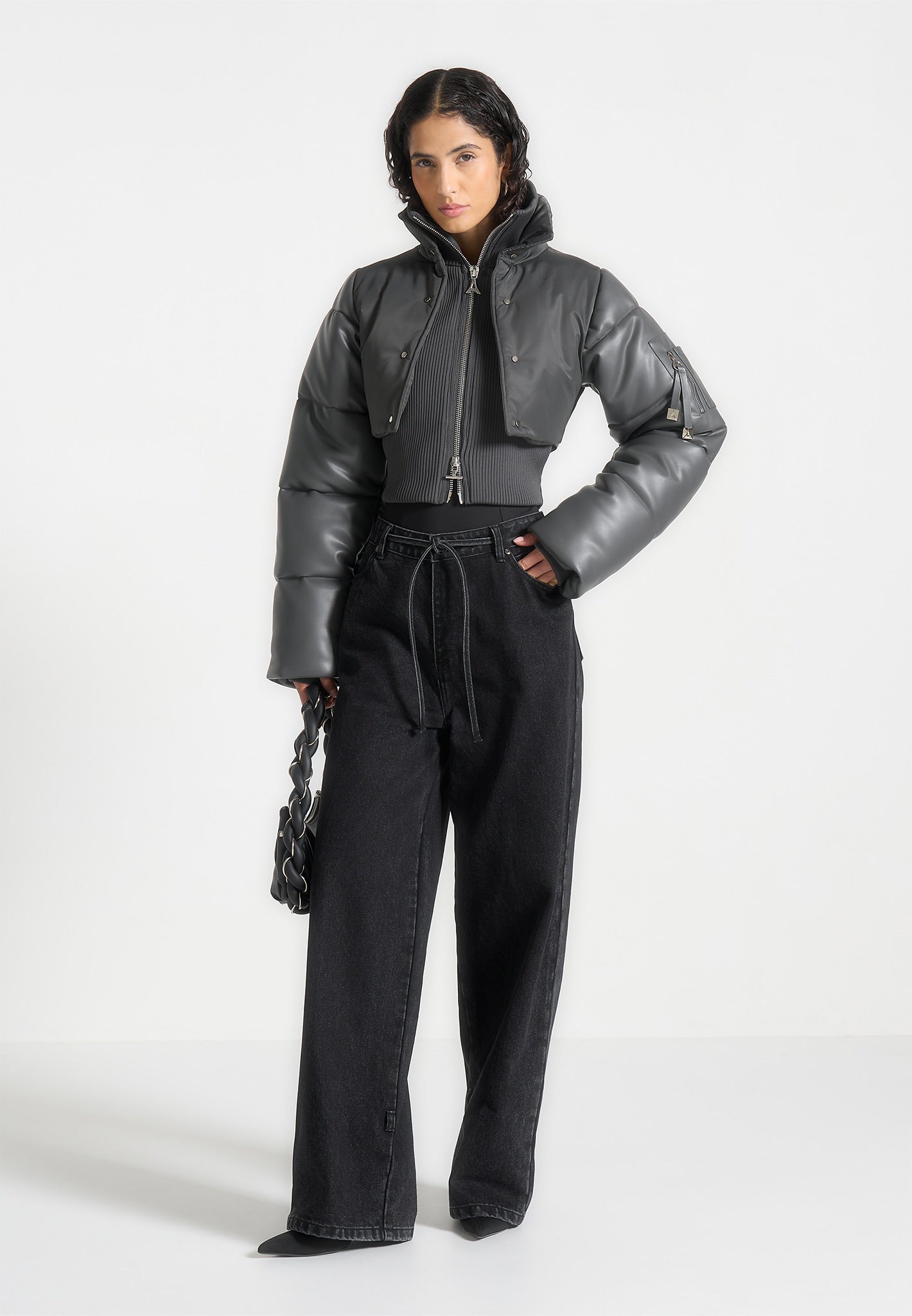 vegan-leather-and-nylon-layered-puffer-jacket-grey 