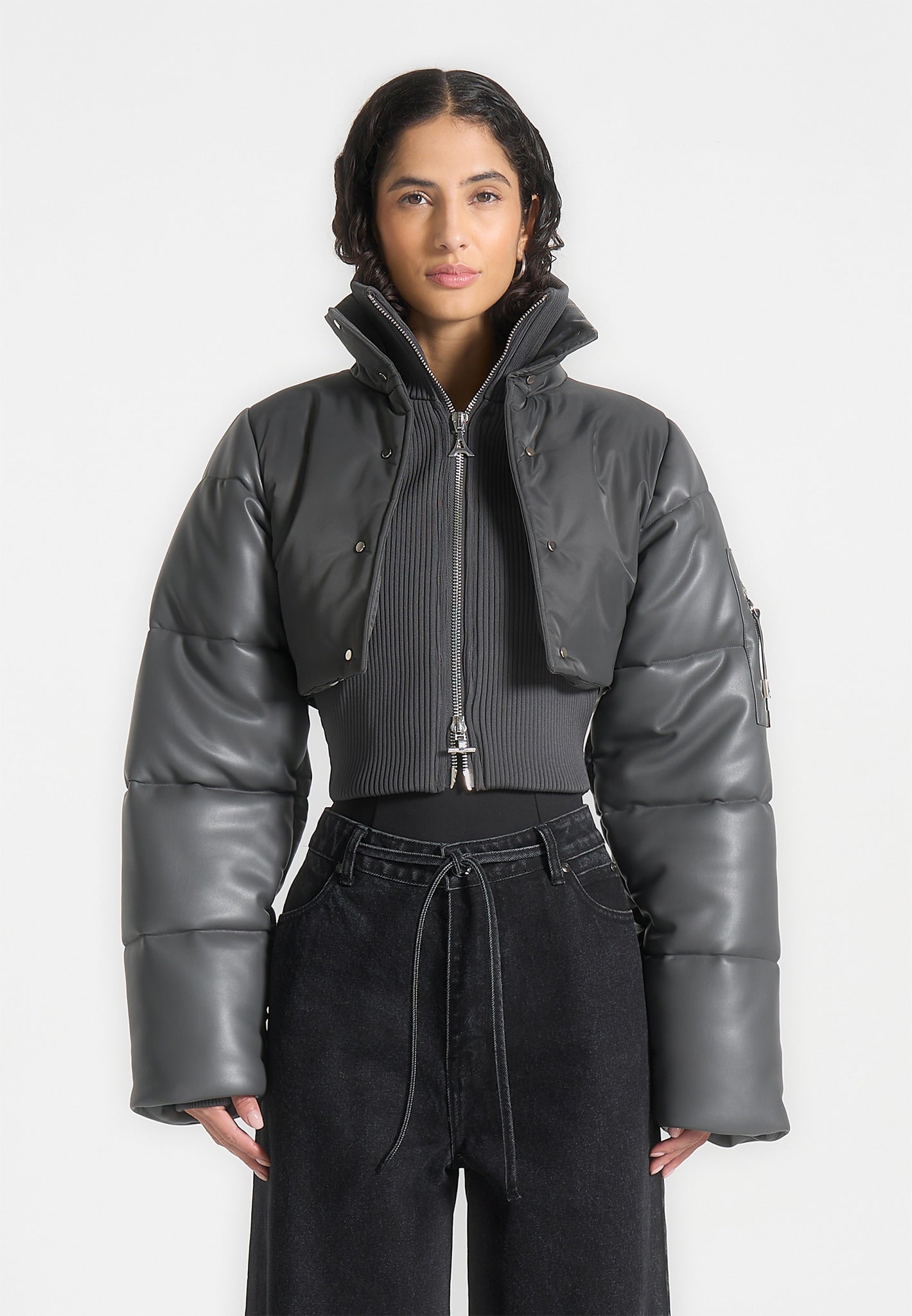 Leather and Nylon Layered Puffer Jacket Grey