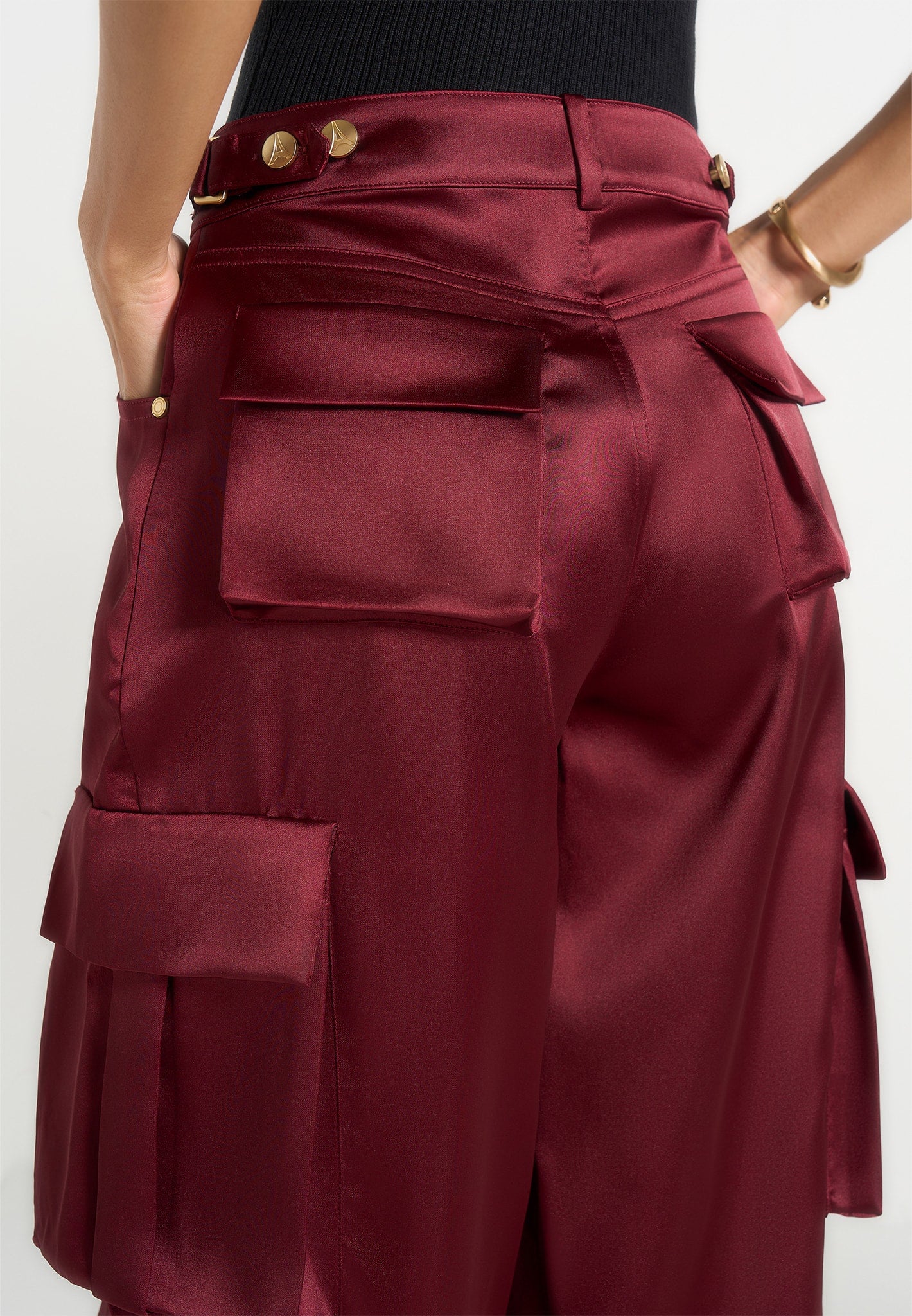 Emilie - Satin High Waisted Cargo Pants - Wine Red