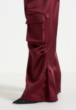 Emilie - Satin High Waisted Cargo Pants - Wine Red