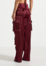 Emilie - Satin High Waisted Cargo Pants - Wine Red