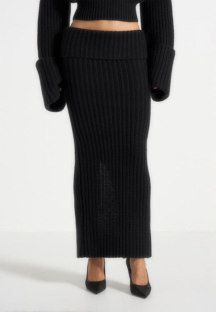 Lyra - Knit Maxi Skirt with Foldover - Black
