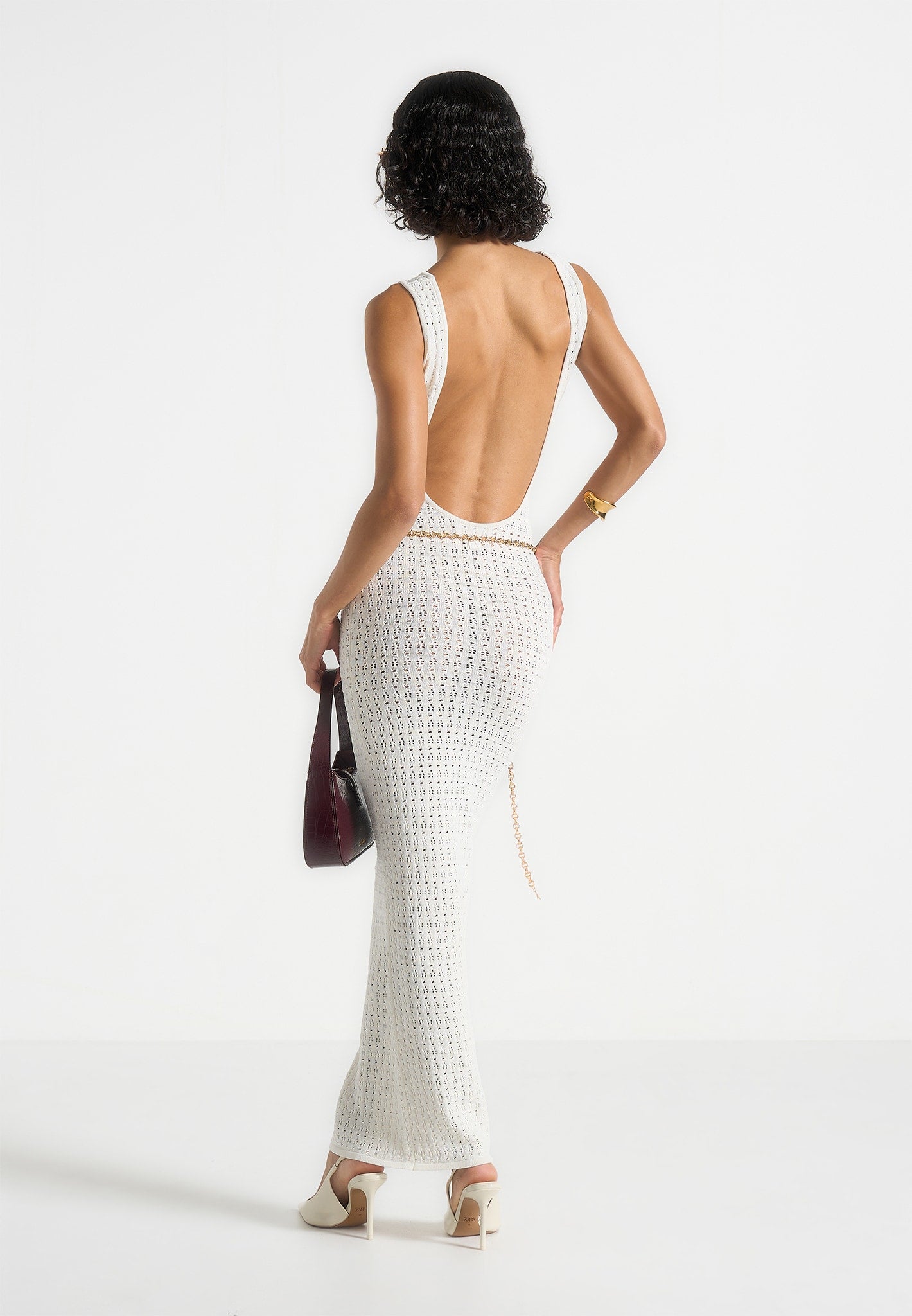 Myriam - Pointelle Plunge Midaxi Dress With Chain - Cream