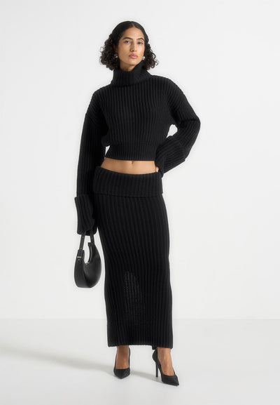 Lyra - Knit Maxi Skirt with Foldover - Black