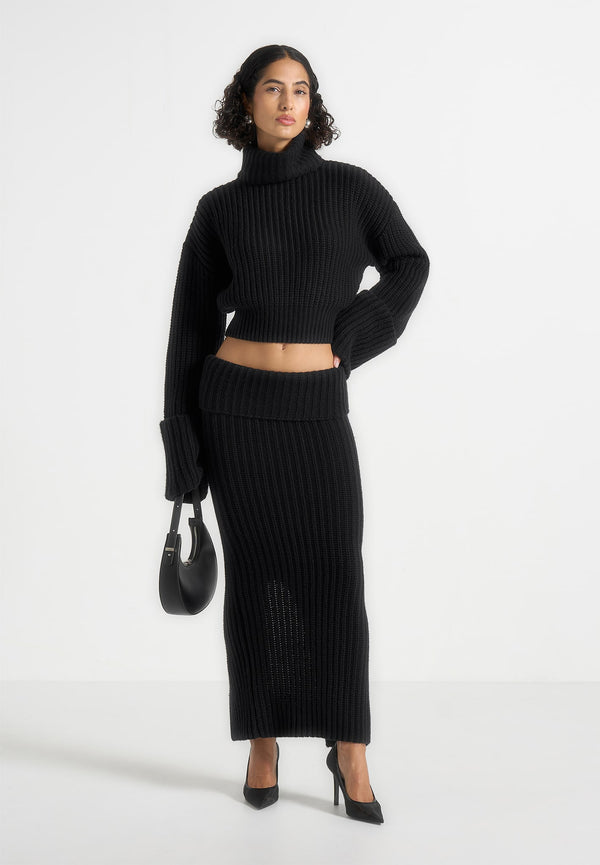 Lyra - Knit Maxi Skirt with Foldover - Black