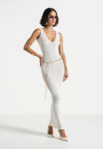 Myriam - Pointelle Plunge Midaxi Dress With Chain - Cream