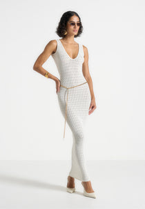 Myriam - Pointelle Plunge Maxi Dress With Chain - Cream