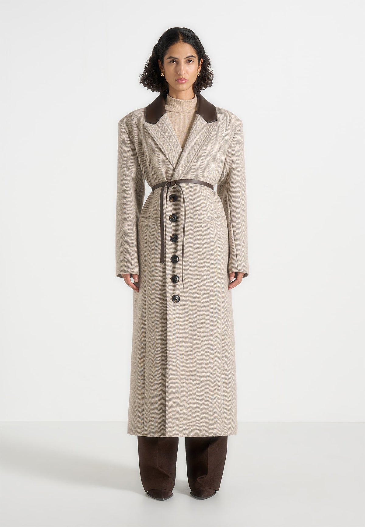 Anissa - Herringbone Wool Oversized Coat with Leather Belt - Beige