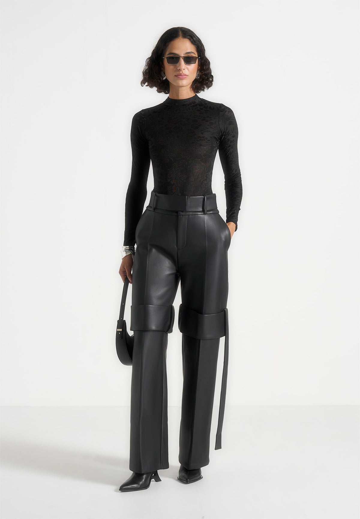 Isabelle - Leather Belted Strap Detail Trousers - Black