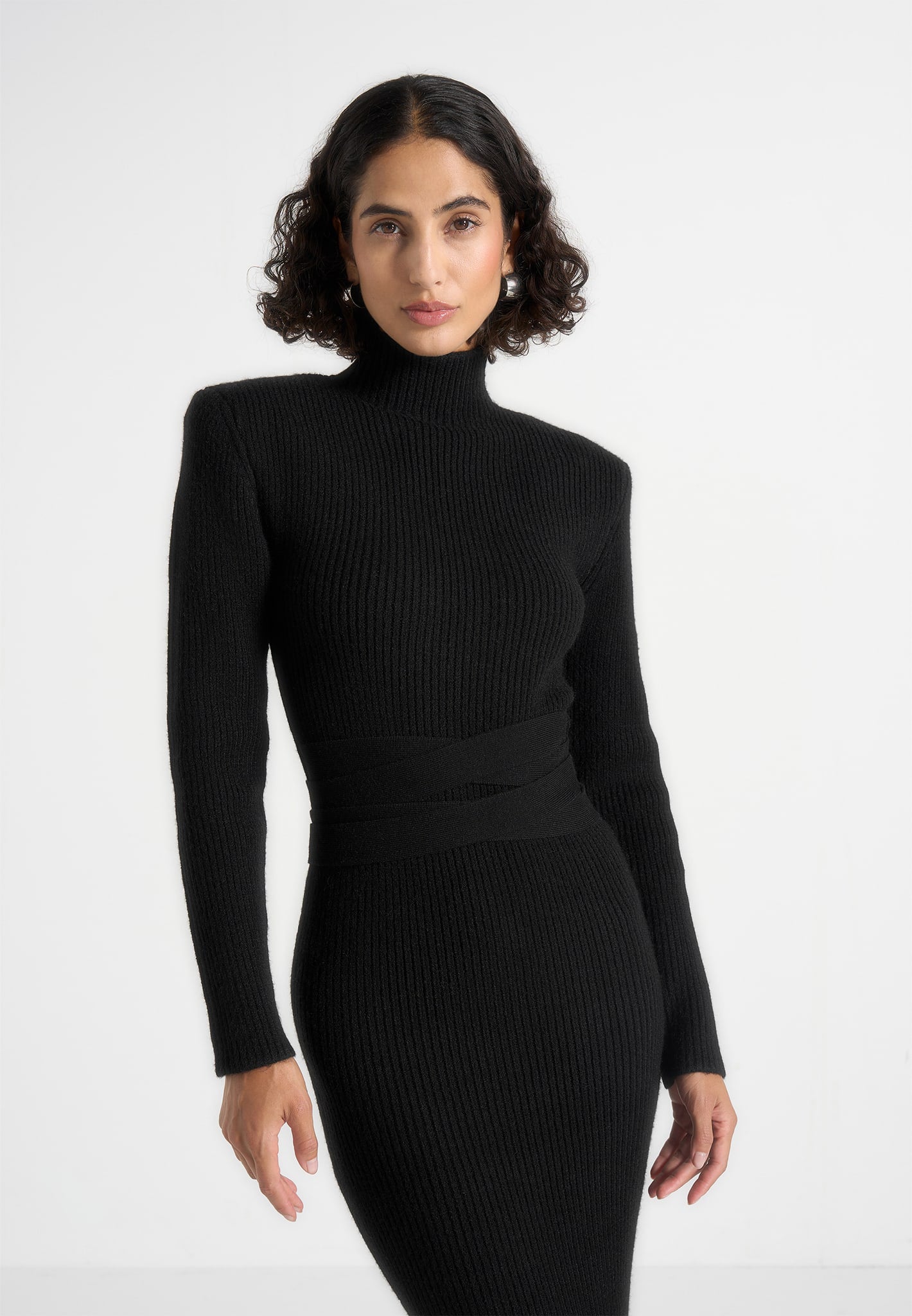Hana - Wide Shoulder Knit Dress With Waist Tie - Black 