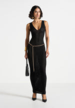 Myriam - Pointelle Plunge Midaxi Dress With Chain - Black