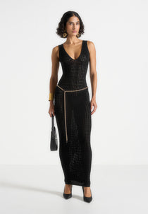 Myriam - Pointelle Plunge Midaxi Dress With Chain - Black