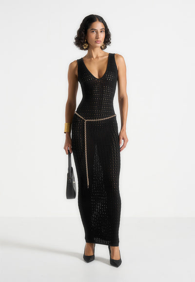 Myriam - Pointelle Plunge Midaxi Dress With Chain - Black