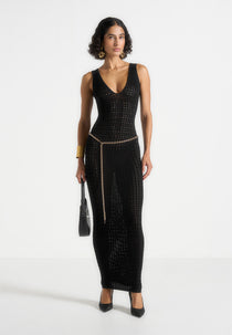 Myriam - Pointelle Plunge Maxi Dress With Chain - Black