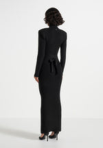 Hana - Wide Shoulder Knit Dress With Waist Tie - Black