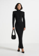 Hana - Wide Shoulder Knit Dress With Waist Tie - Black
