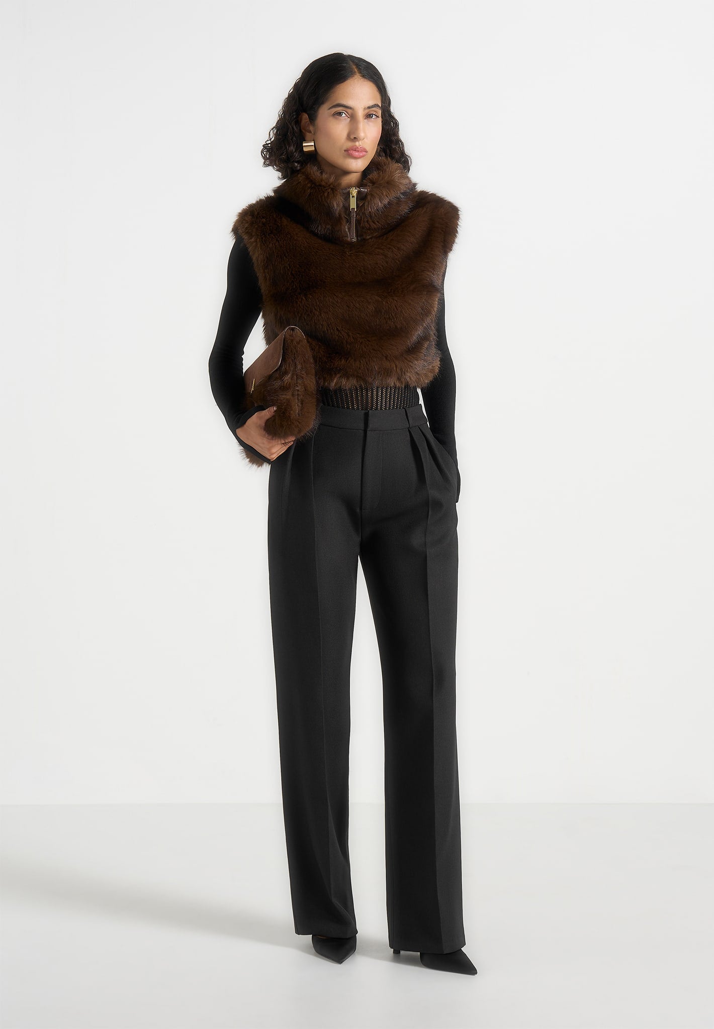 Nayla - High Neck Fur Jumper - Brown 
