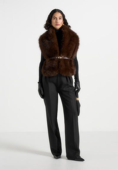 Lira - Fur Gilet With Belt - Dark Brown