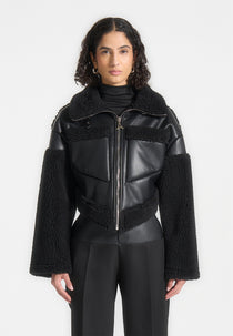 Angular Hem Leather Borg Biker Jacket - Black